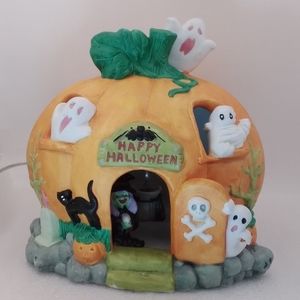 Pumpkin Shaped Light Up House 6" 'Happy Halloween' Witch, Ghosts, Black Cat, Bat